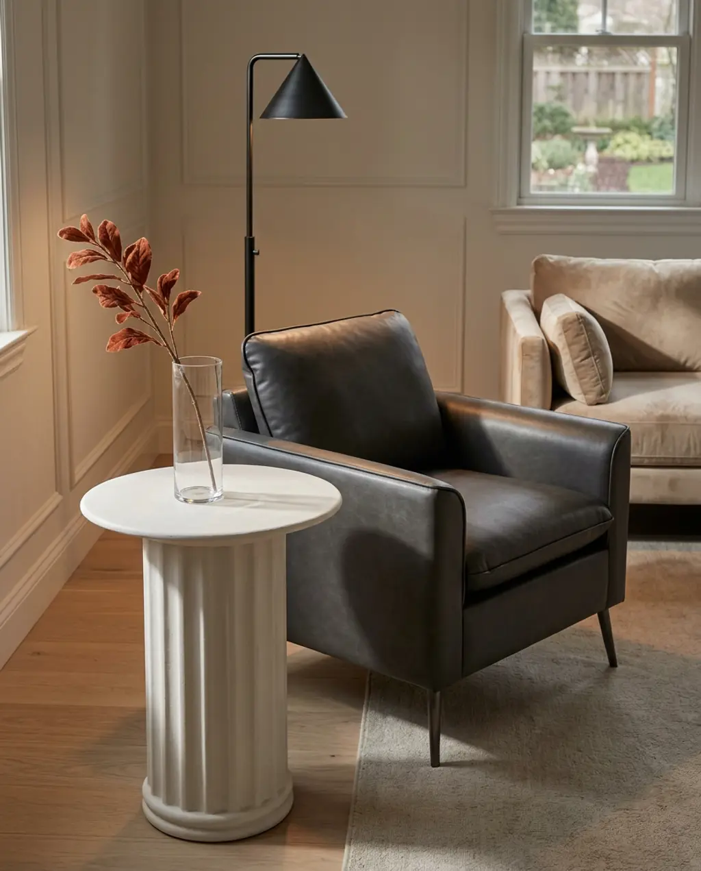 Contemporary Living Room with Sculptural Side Table — Budget Version