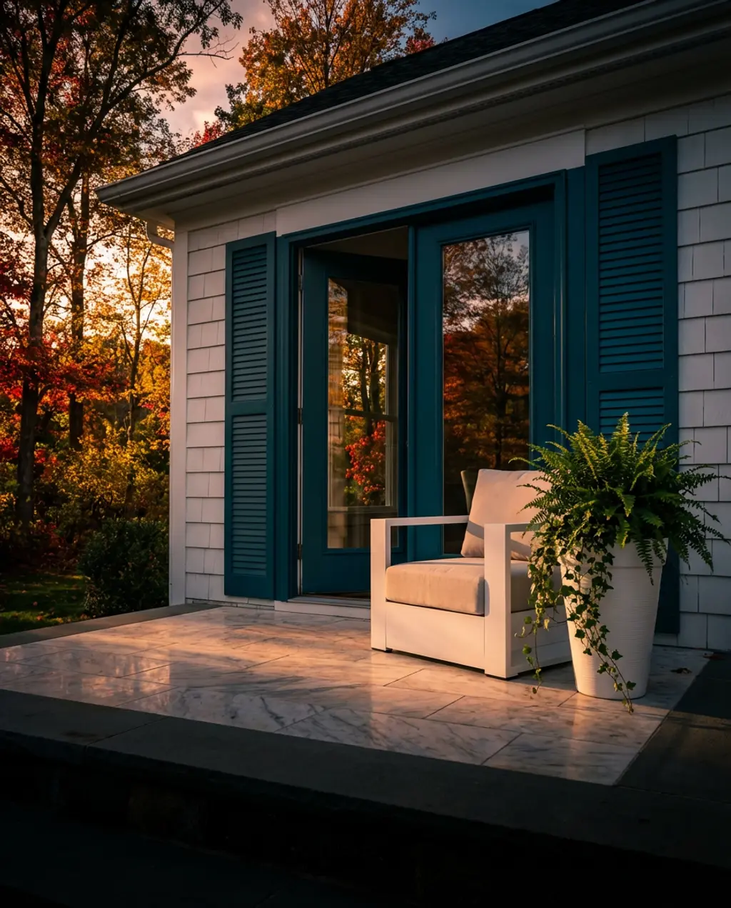 Garden Room with White French Patio Doors and Classic Shutters