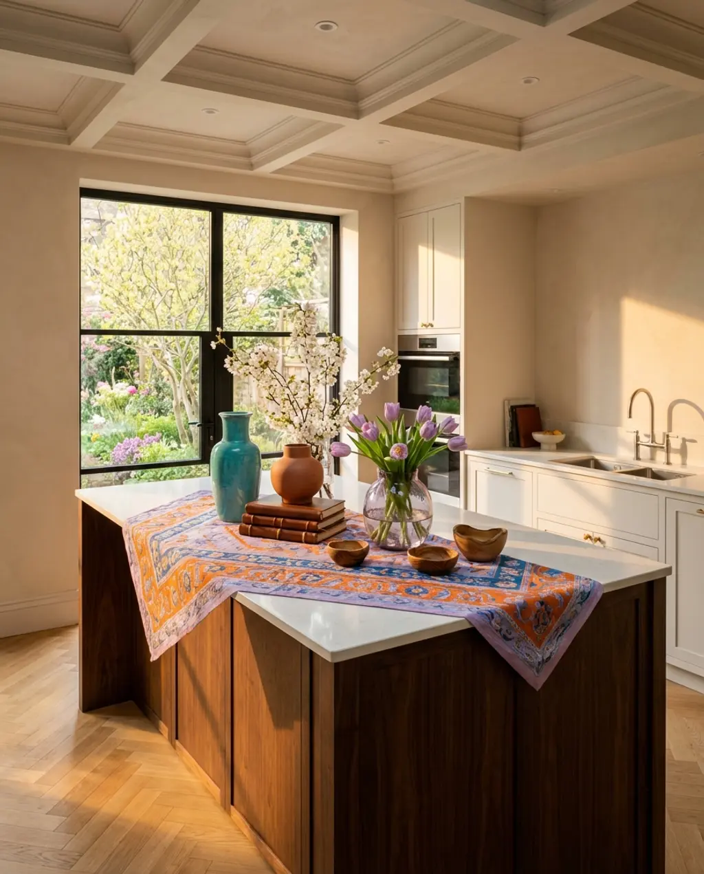 Eclectic Spring Kitchen Island with Global Inspired Textiles — Luxury Version