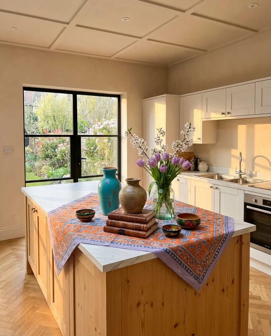 Eclectic Spring Kitchen Island with Global Inspired Textiles — Budget Version