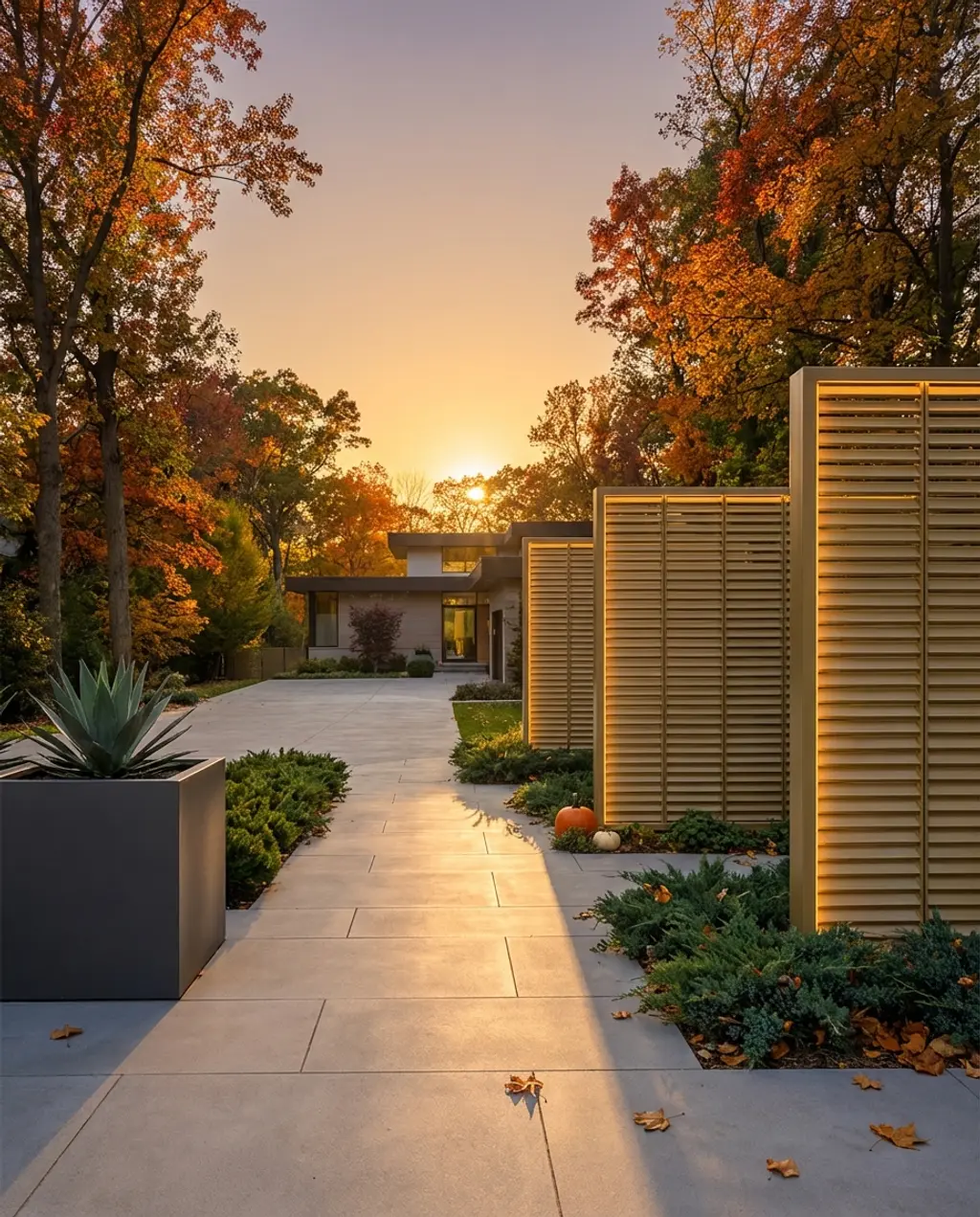 Backlit Privacy Screens Defining a Modern Driveway Entry — Luxury Version