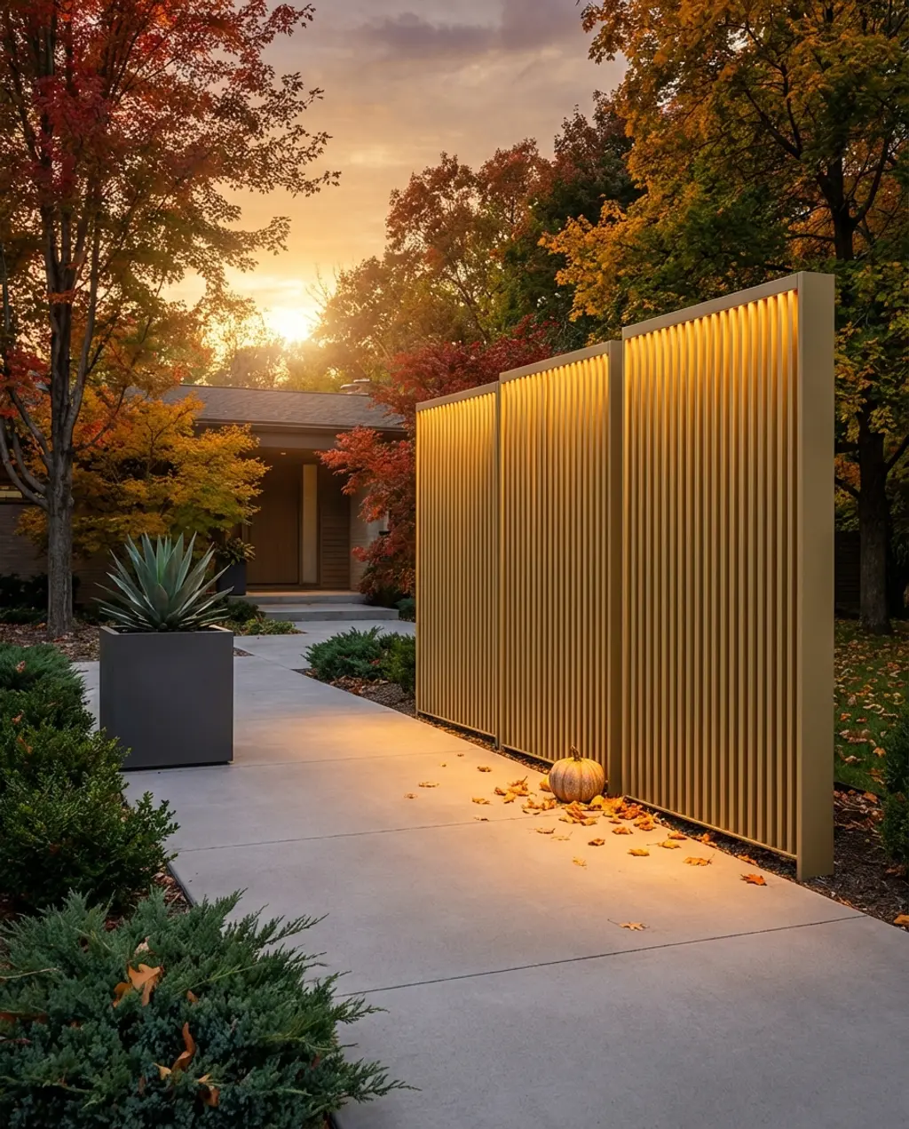 Backlit Privacy Screens Defining a Modern Driveway Entry — Budget Version
