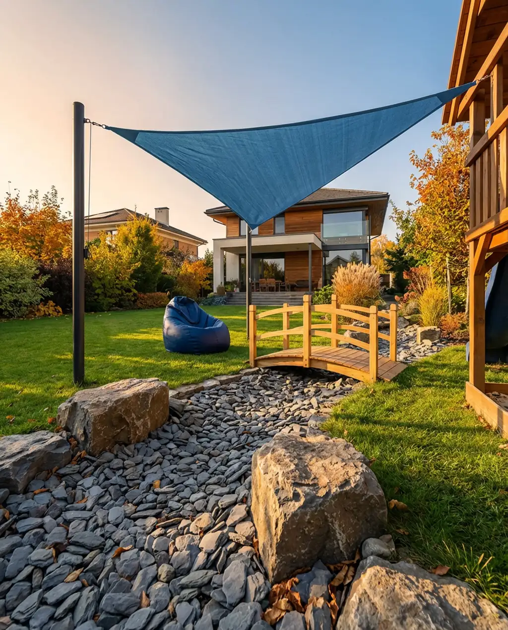 Backyard 'River' Rock Scramble with Bridge & Shade Sail