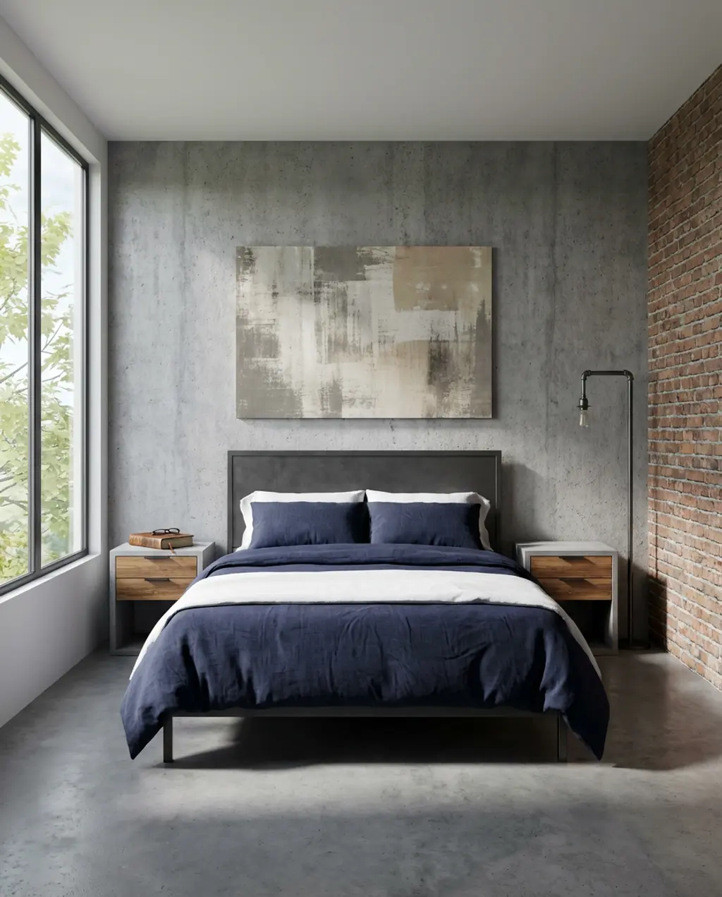 Industrial Chic Bedroom with Faux Concrete Wallpaper