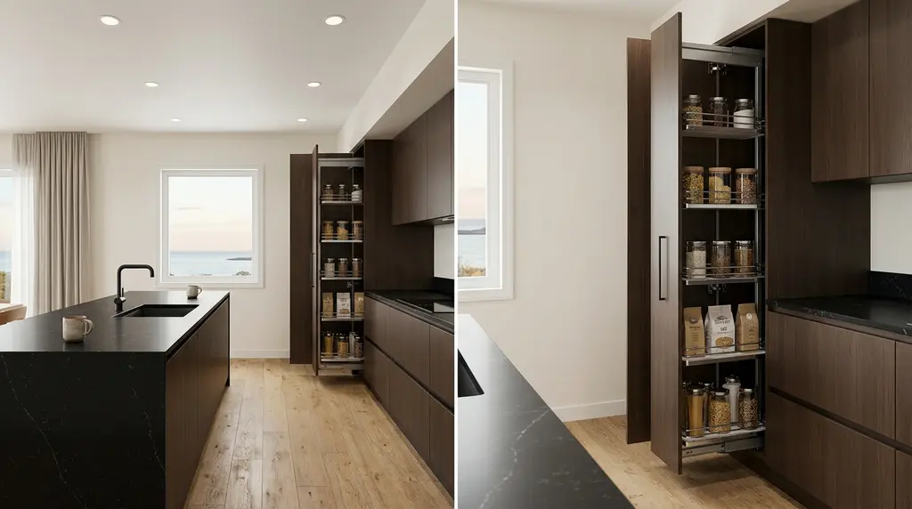 Minimalist Dark Wood Kitchen with Hidden Pantry