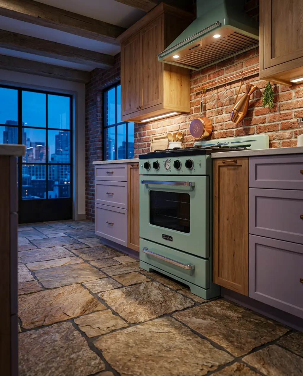 Rustic Stone Paver Kitchen Floor with Exposed Brick
