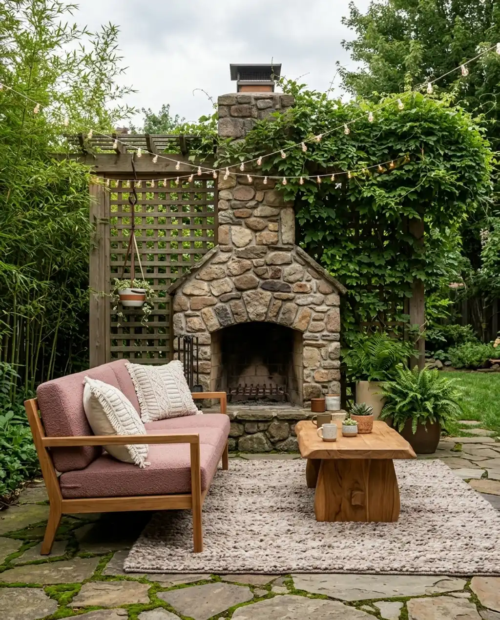 Small Backyard Fireplace with Privacy Trellis and Vines — Luxury Version