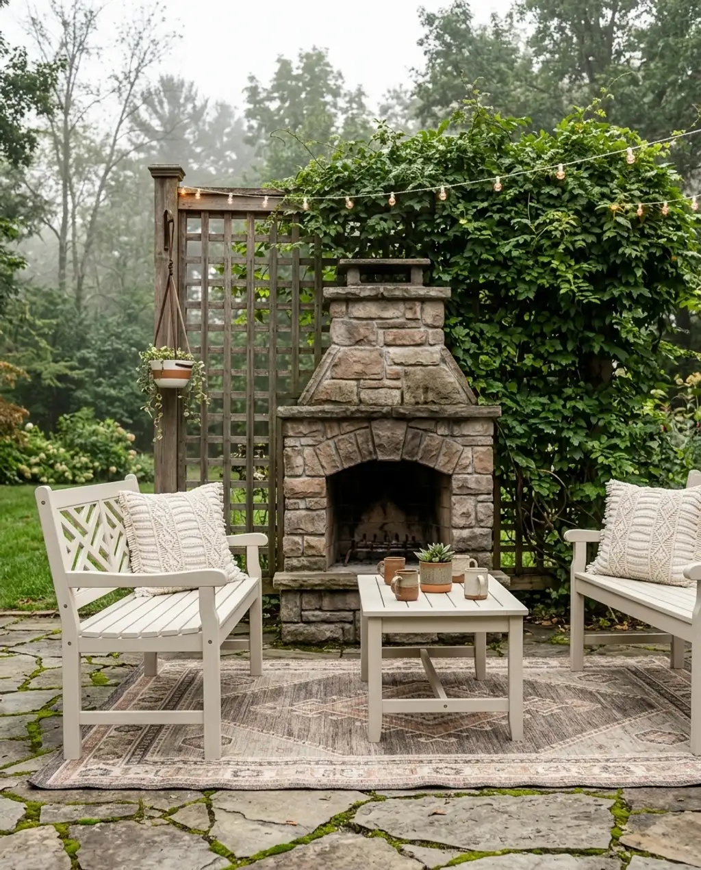 Small Backyard Fireplace with Privacy Trellis and Vines — Budget Version