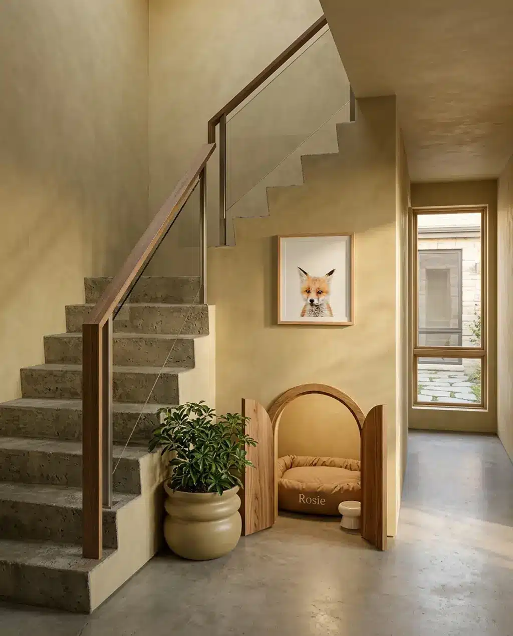 Unique Staircase with Integrated Pet Nook and Custom Door