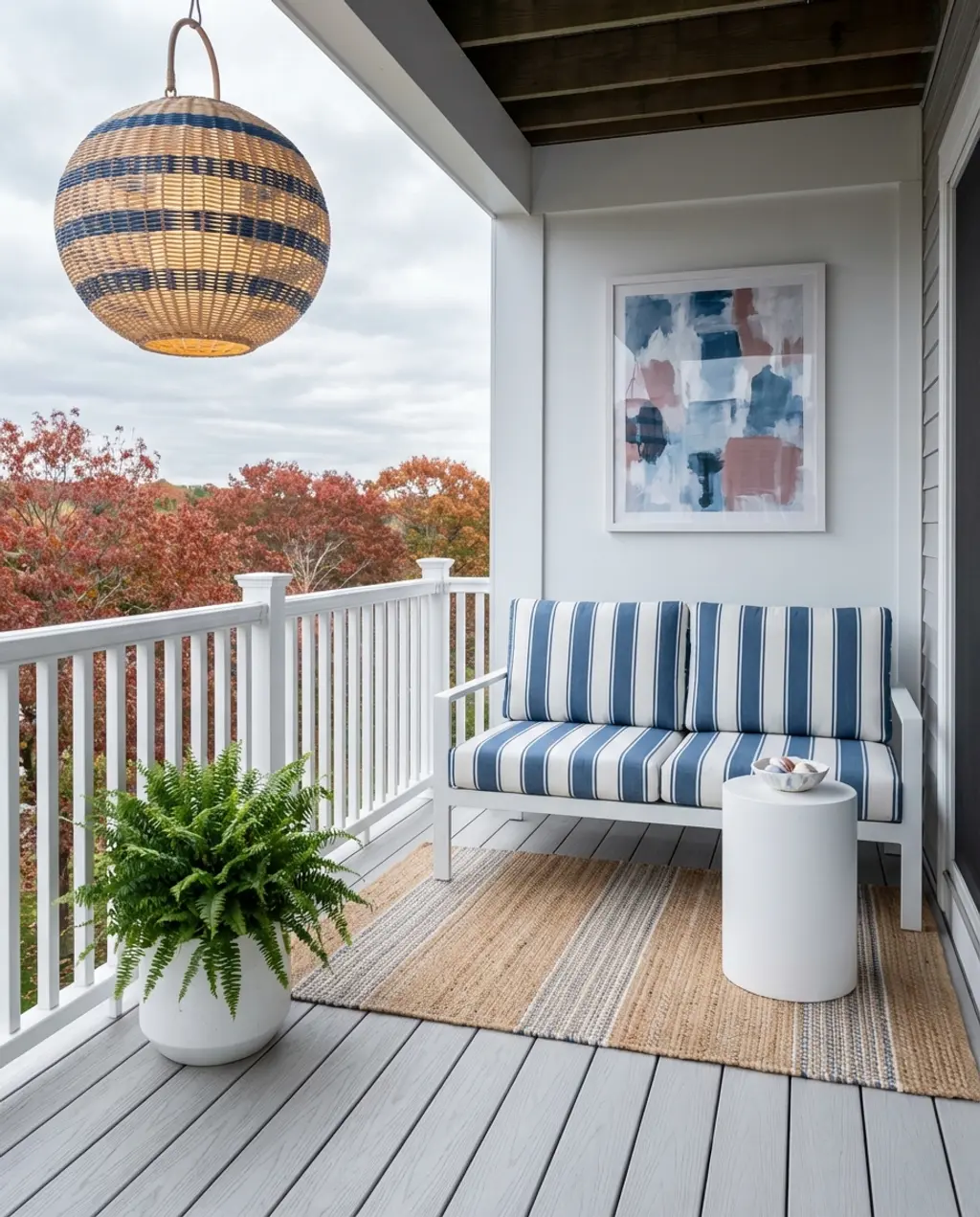 Modern Coastal Balcony with Blue & White Scheme — Budget Version