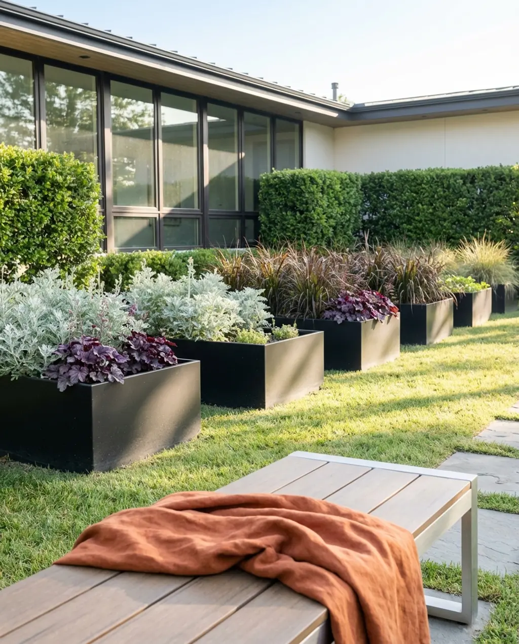 Dramatic Black Raised Beds with Contrasting Foliage
