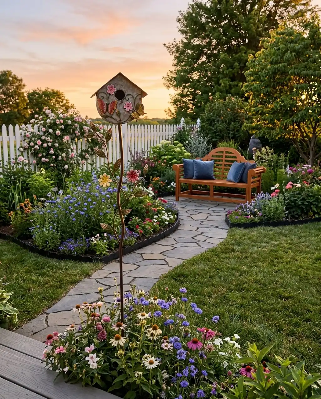 Compact Cottage Garden with Winding Path & Birdhouse — Luxury Version