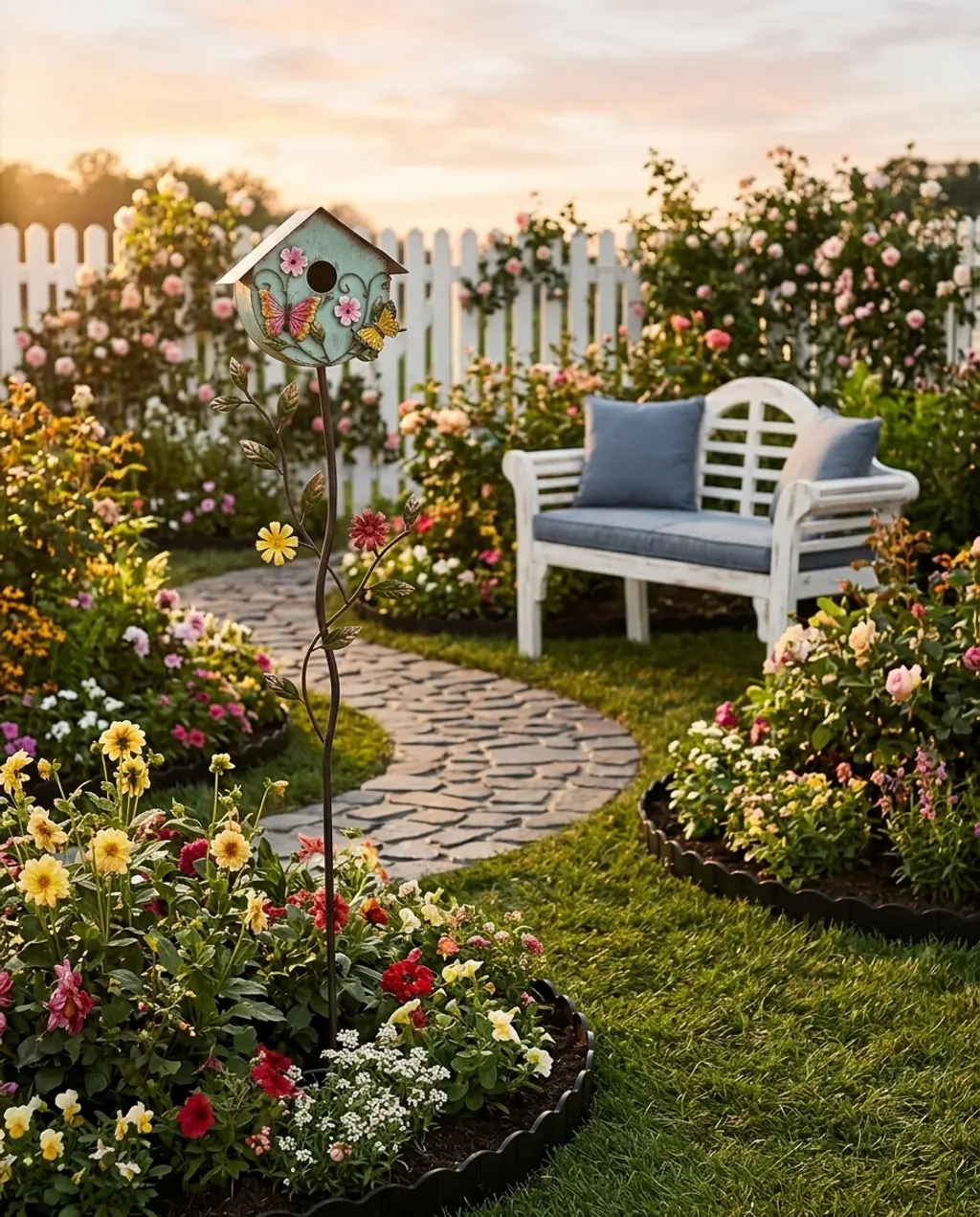 Compact Cottage Garden with Winding Path & Birdhouse — Budget Version