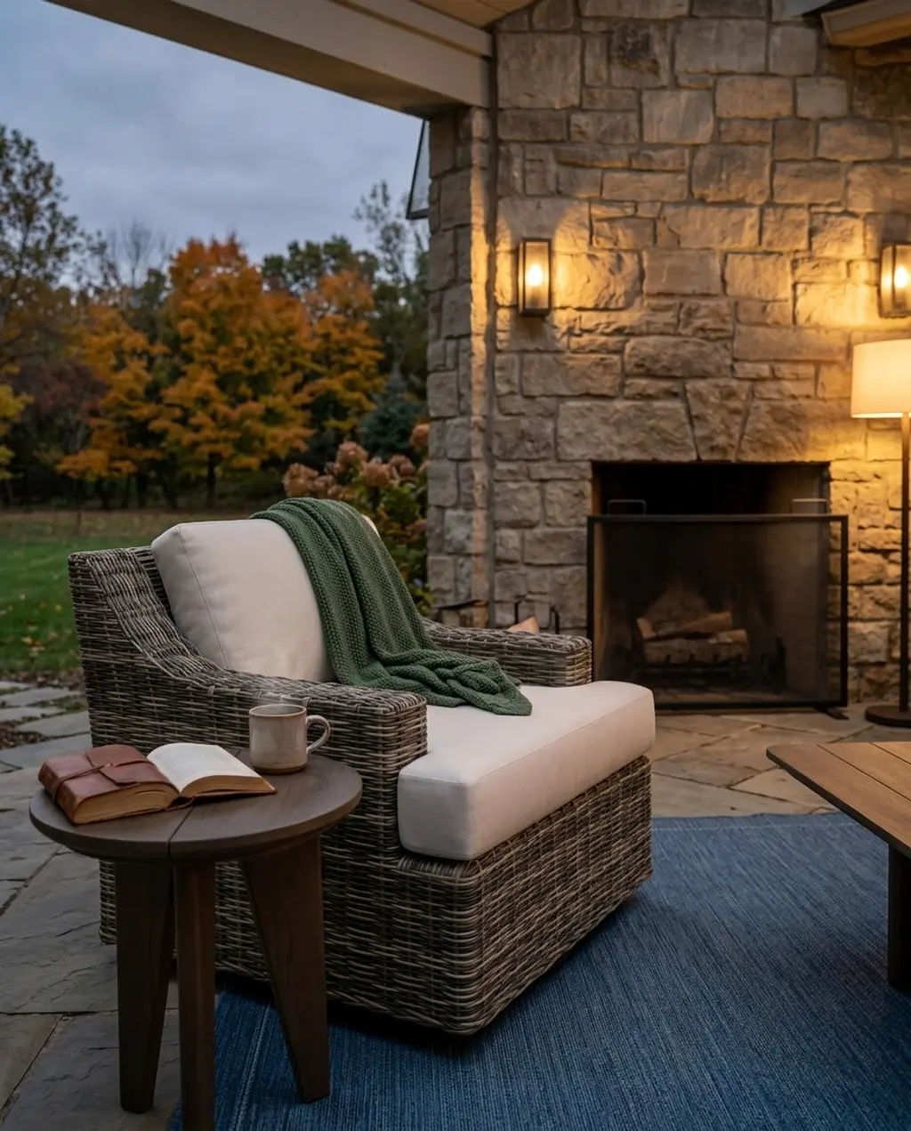 Enclosed Porch with Rustic Stone Fireplace — Luxury Version