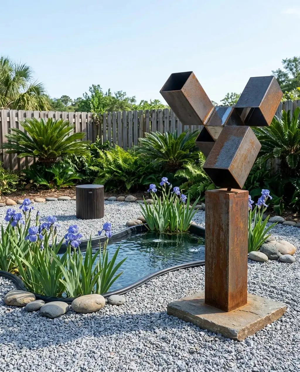 Zen Garden with Minimalist Pond and Iris Plants — Budget Version