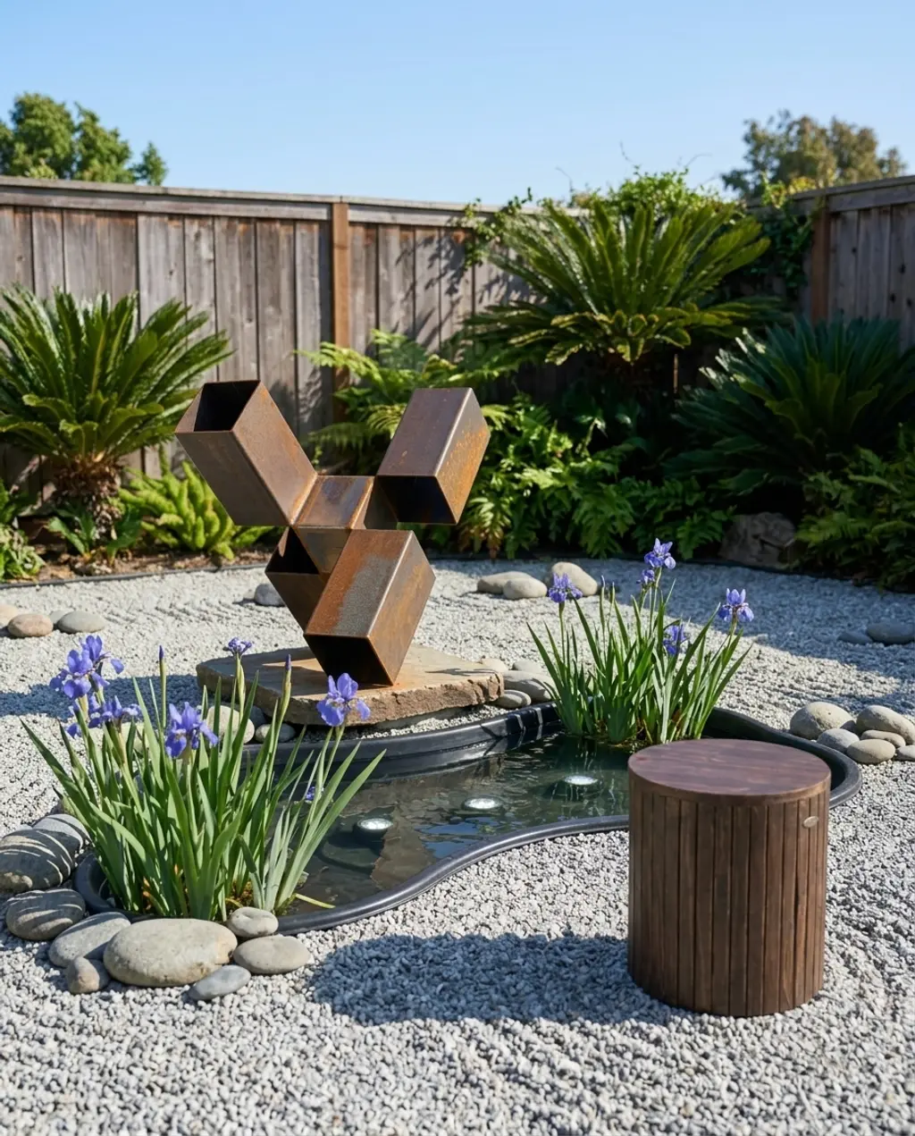 Zen Garden with Minimalist Pond and Iris Plants — Luxury Version