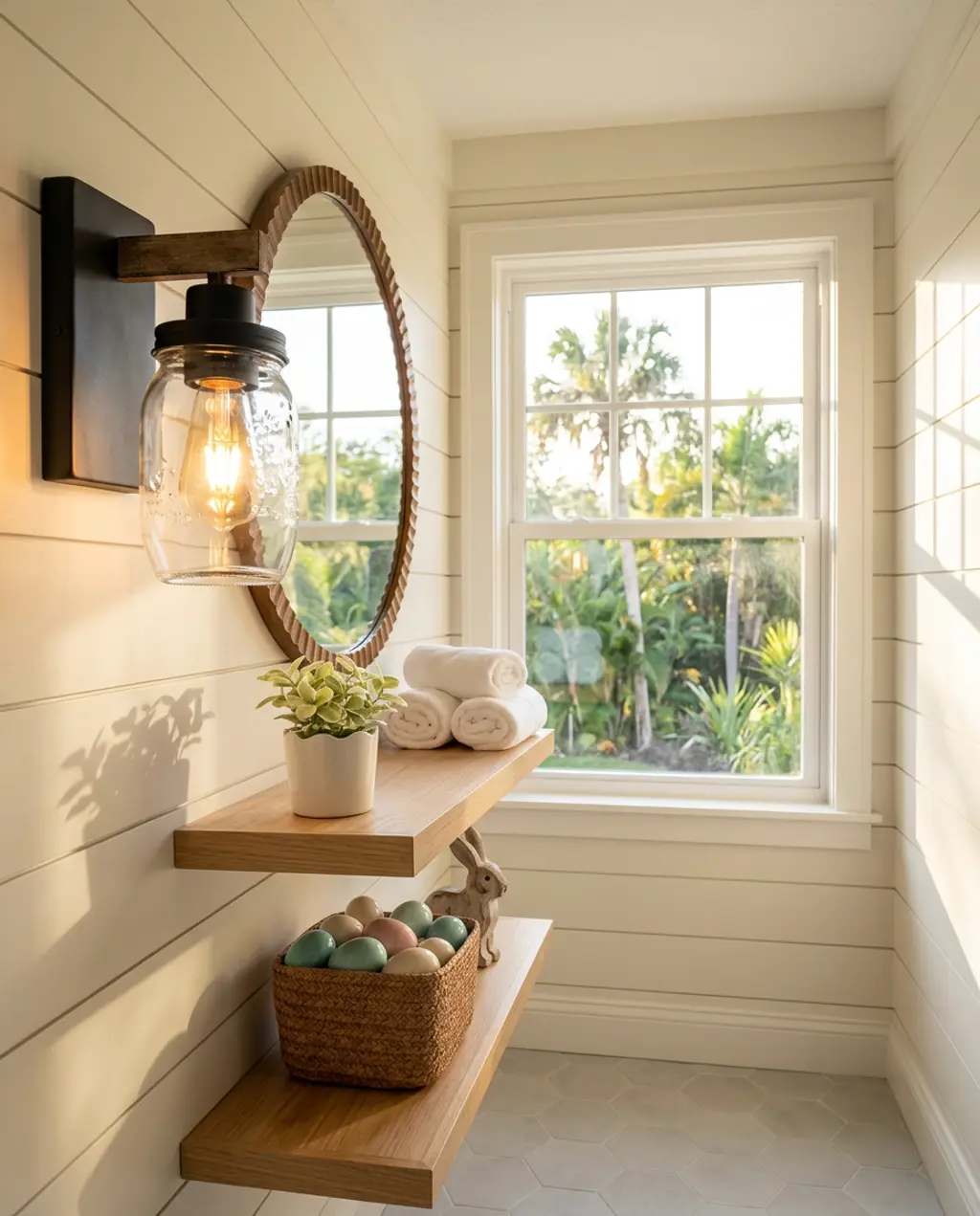 Farmhouse Easter Bathroom Shelf Display — Budget Version