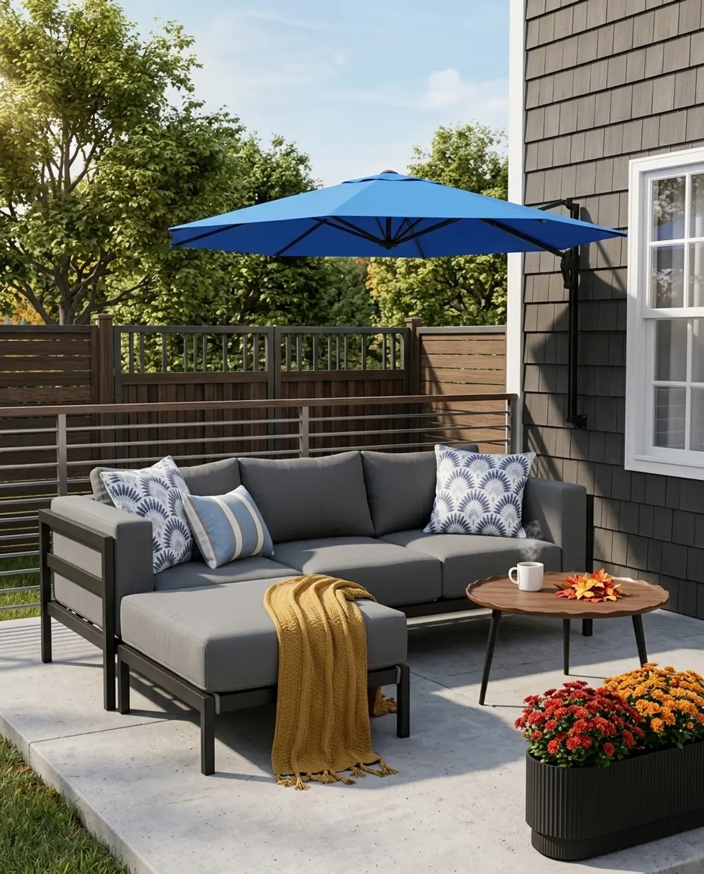 Modern Small Patio with Gray Sofa and Space-Saving Umbrella — Luxury Version