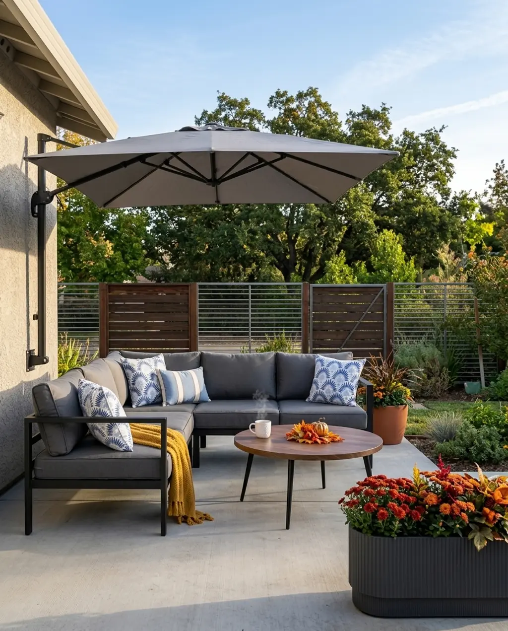 Modern Small Patio with Gray Sofa and Space-Saving Umbrella — Budget Version