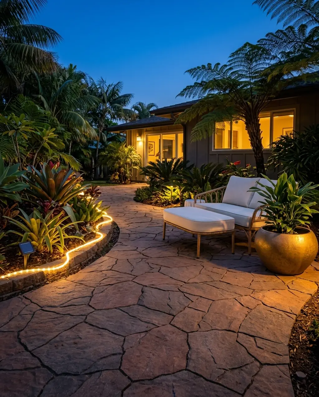 Tropical Large Format Concrete Pavers with Lush Foliage