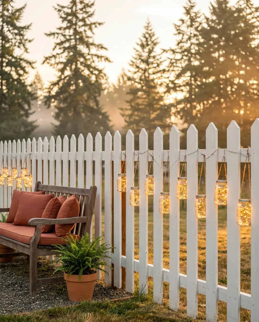 Modern Farmhouse Picket Fence with Hanging Mason Jar Lights
