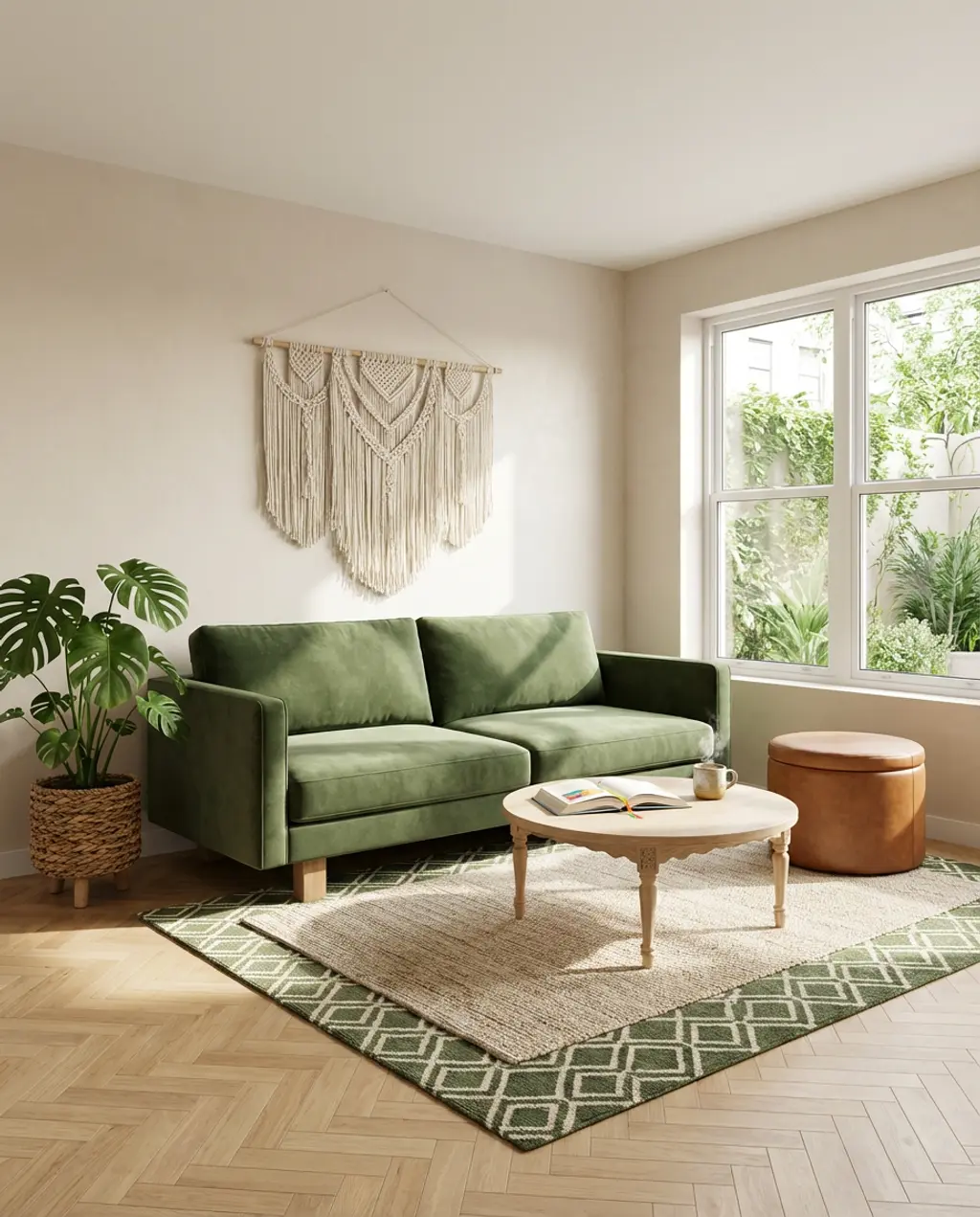 Bohemian Apartment Living Room with Layered Rugs and Macrame — Budget Version