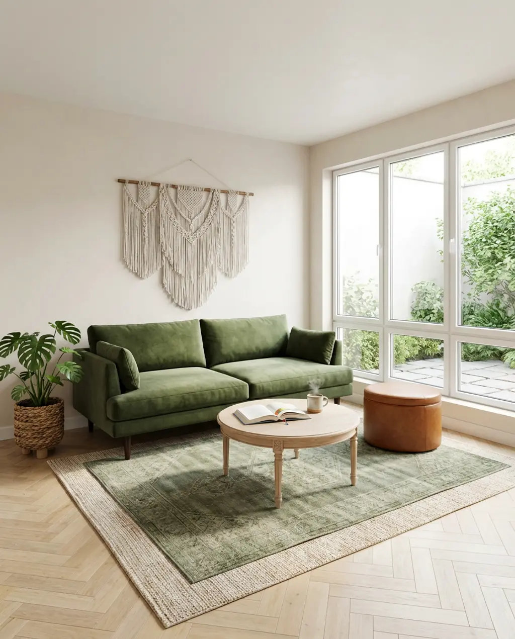 Bohemian Apartment Living Room with Layered Rugs and Macrame — Luxury Version