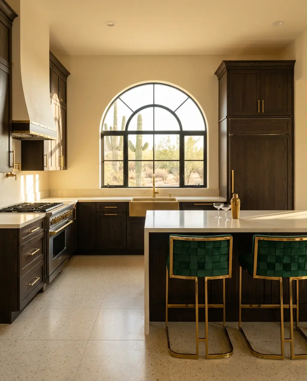 Dark Wood Kitchen with Warm Gold Accents and Terrazzo Floor — Luxury Version