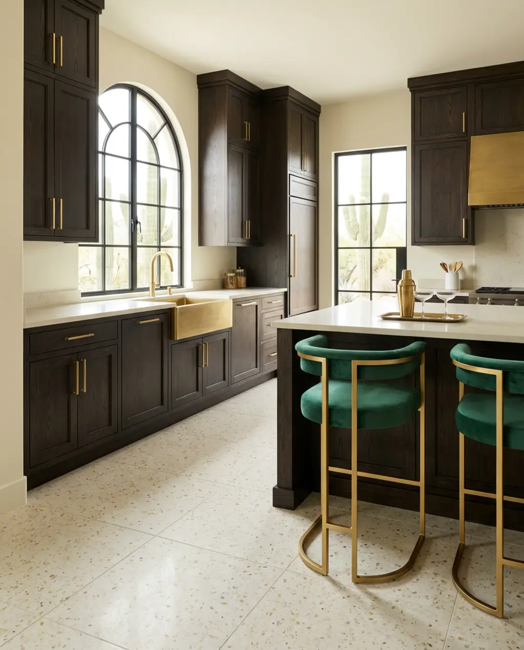 Dark Wood Kitchen with Warm Gold Accents and Terrazzo Floor — Budget Version