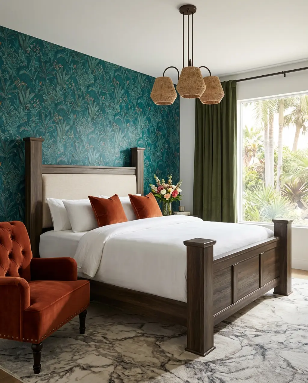 Rich Teal Botanical Wallpaper in a Moody Bedroom