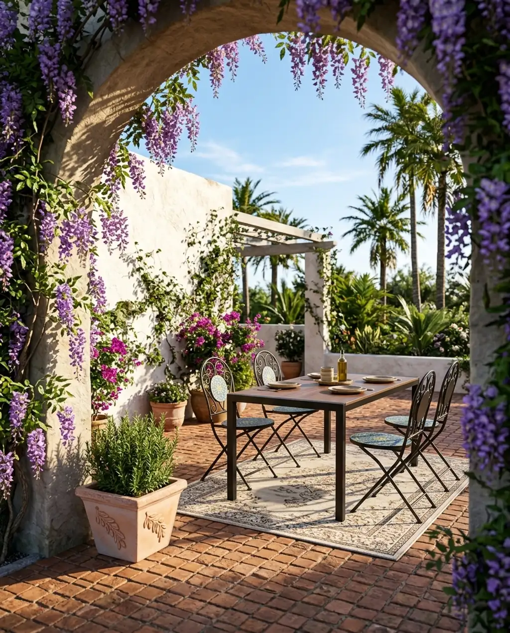 Vine-Covered Archway Entry to a Shaded Patio Dining Area — Luxury Version