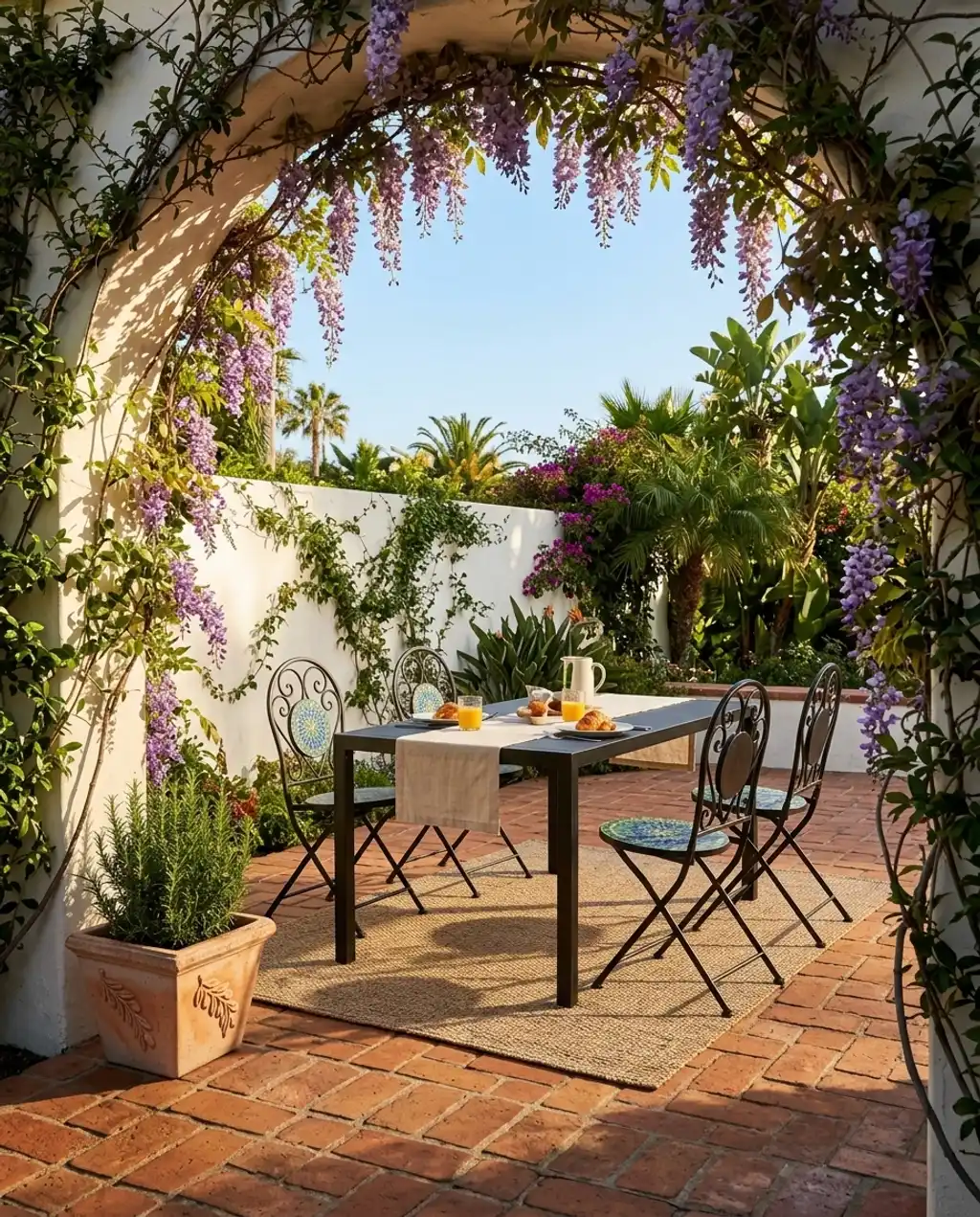 Vine-Covered Archway Entry to a Shaded Patio Dining Area — Budget Version