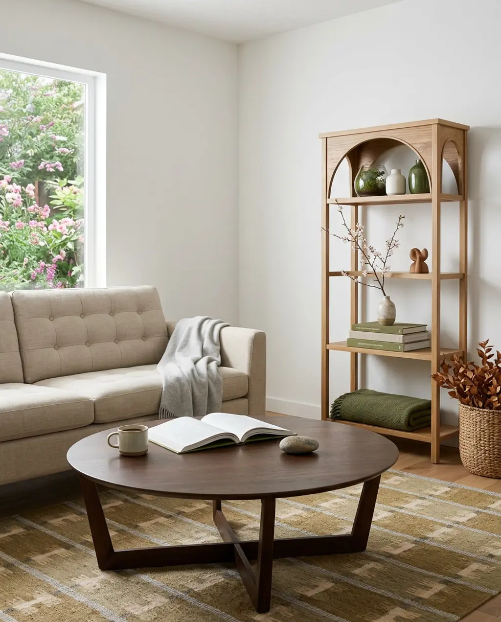 Scandinavian Living Room with Light Wood Bookshelf