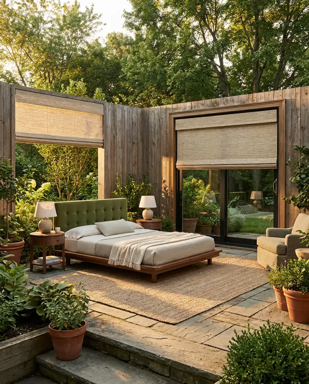 Bedroom with Black Patio Doors and Textured Woven Blinds — Luxury Version