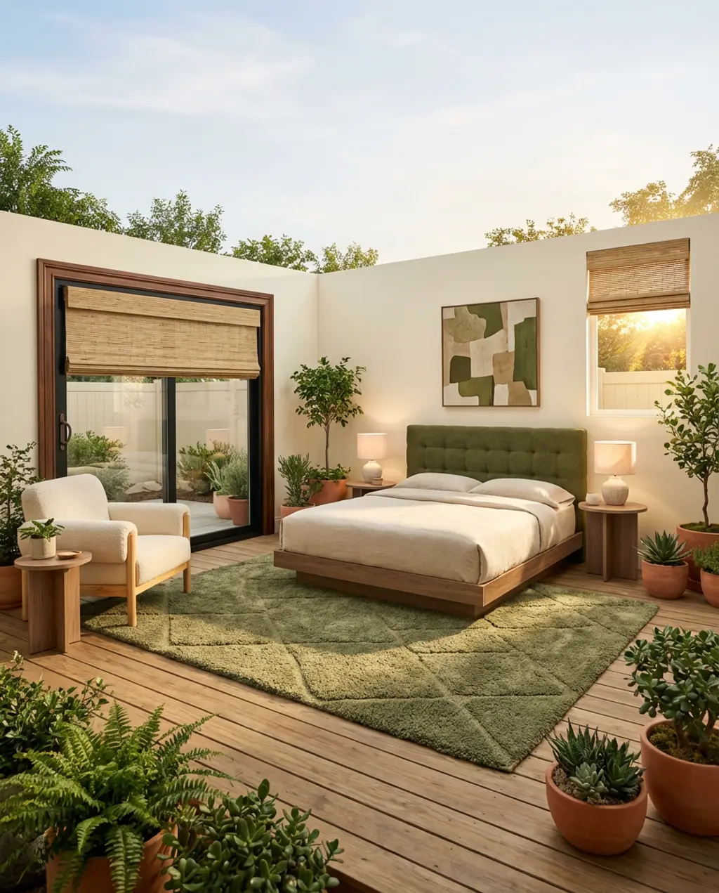 Bedroom with Black Patio Doors and Textured Woven Blinds — Budget Version