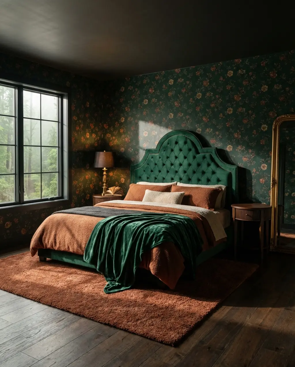 Moody Spring Bedroom with Dark Floral Wallpaper — Luxury Version