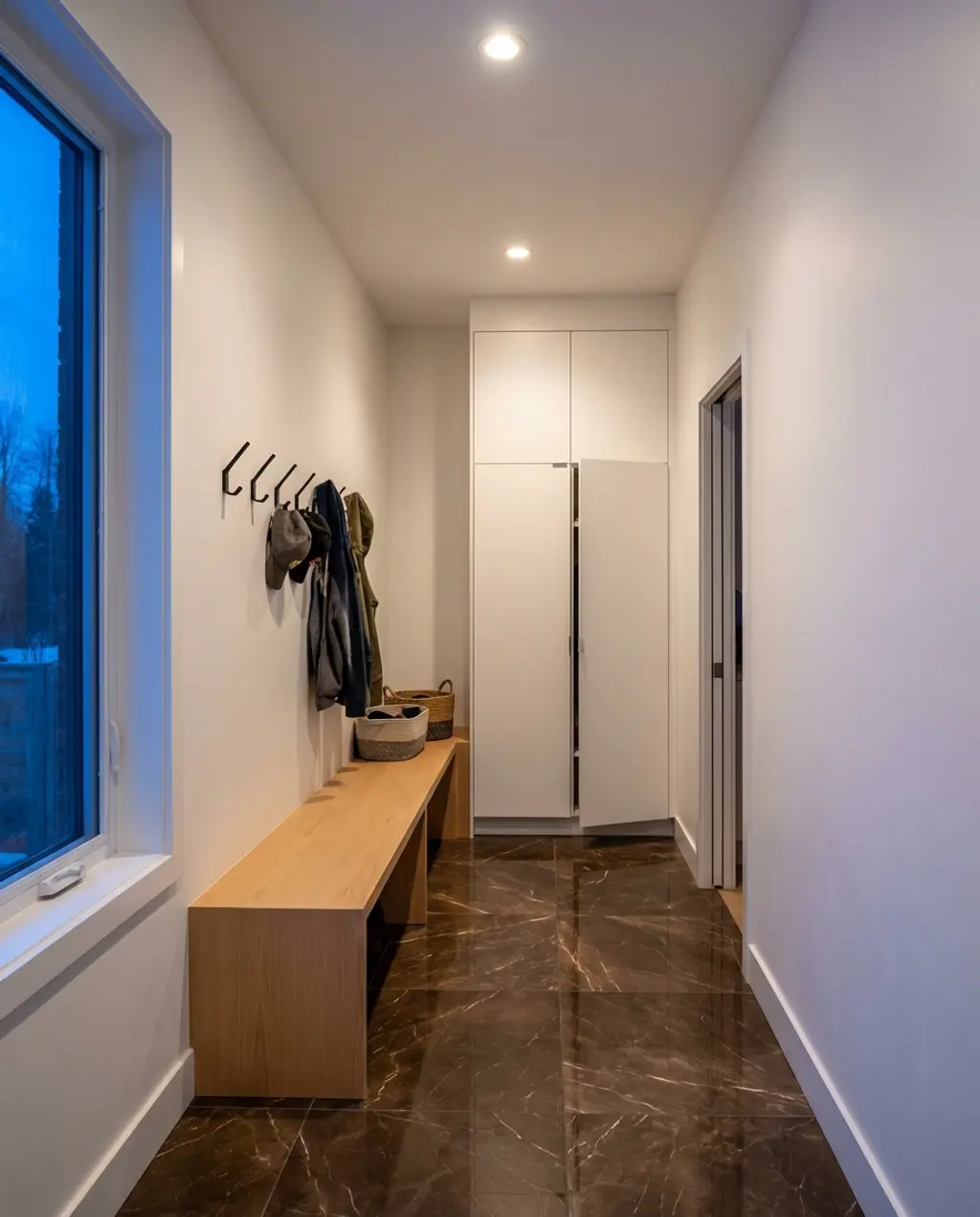 Bright White Mudroom with Natural Wood Bench