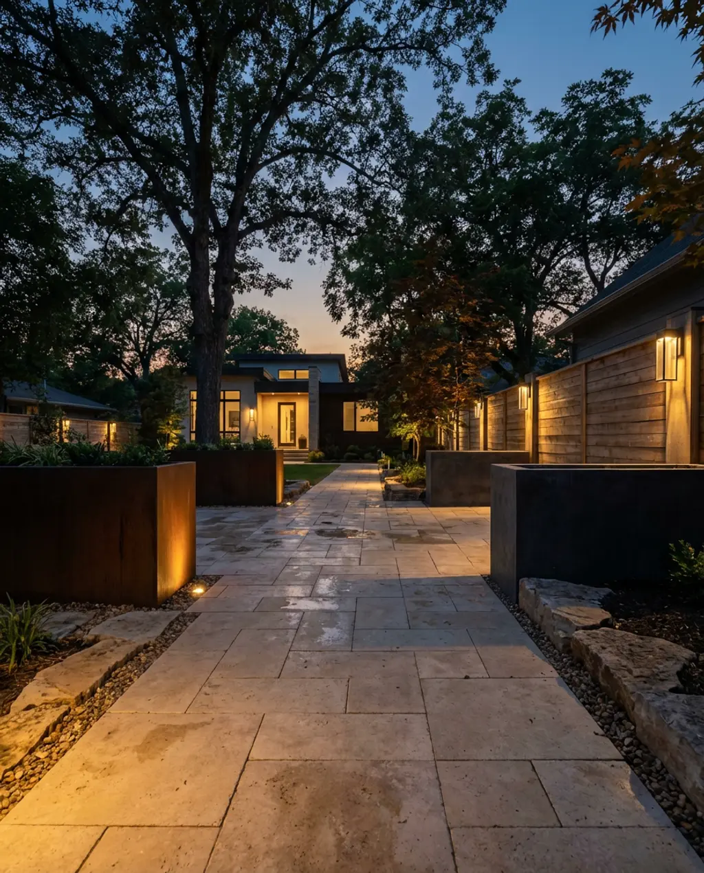 Entryway Driveway with Architectural Planters and Uplighting