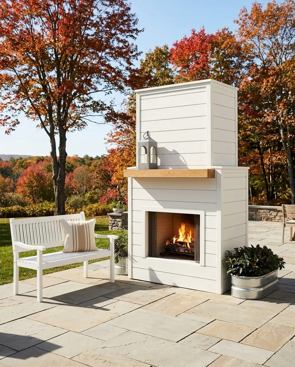 Modern Farmhouse Outdoor Fireplace with Shiplap Detail
