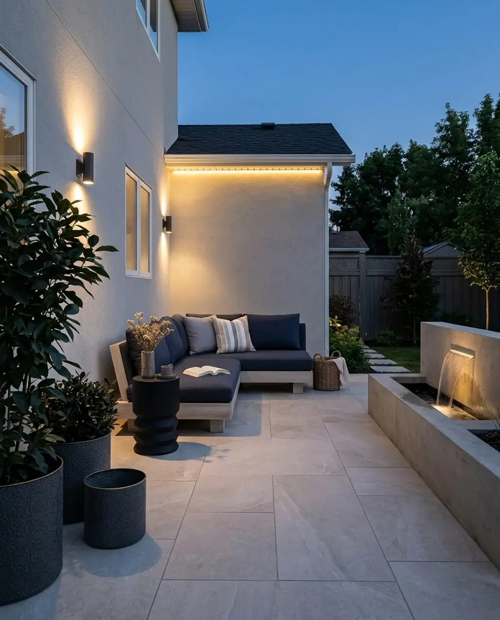 Contemporary Patio with Integrated Water Feature