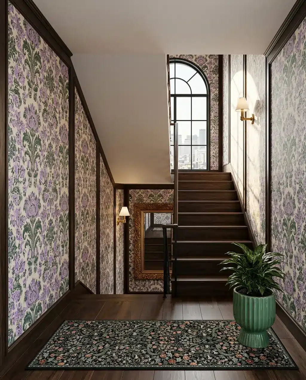 Enclosed Staircase with Bold Floral Wallpaper and Dark Trim — Luxury Version