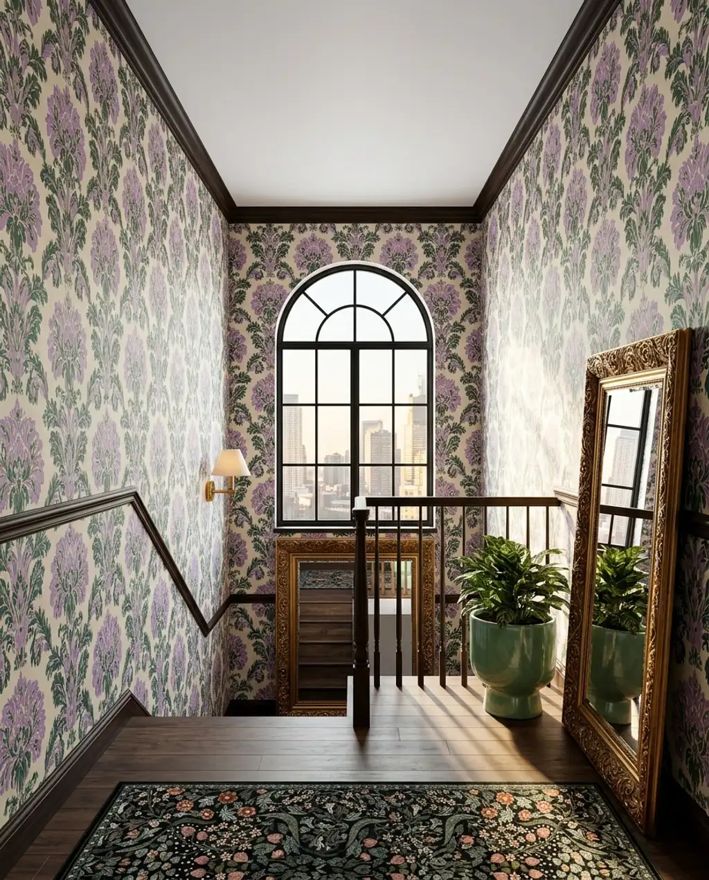 Enclosed Staircase with Bold Floral Wallpaper and Dark Trim — Budget Version