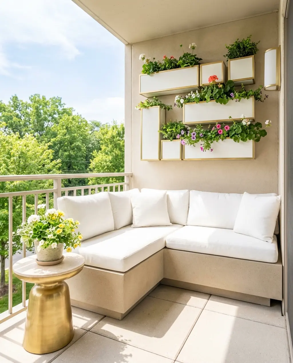 Compact Corner Balcony with Wall-Mounted Planters