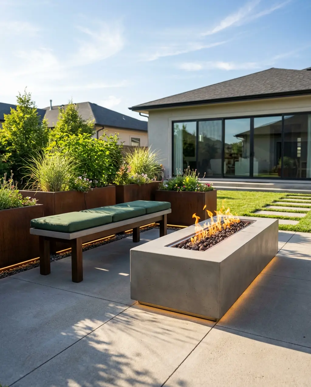 Angular Modern Fire Pit Lounge with Water Feature