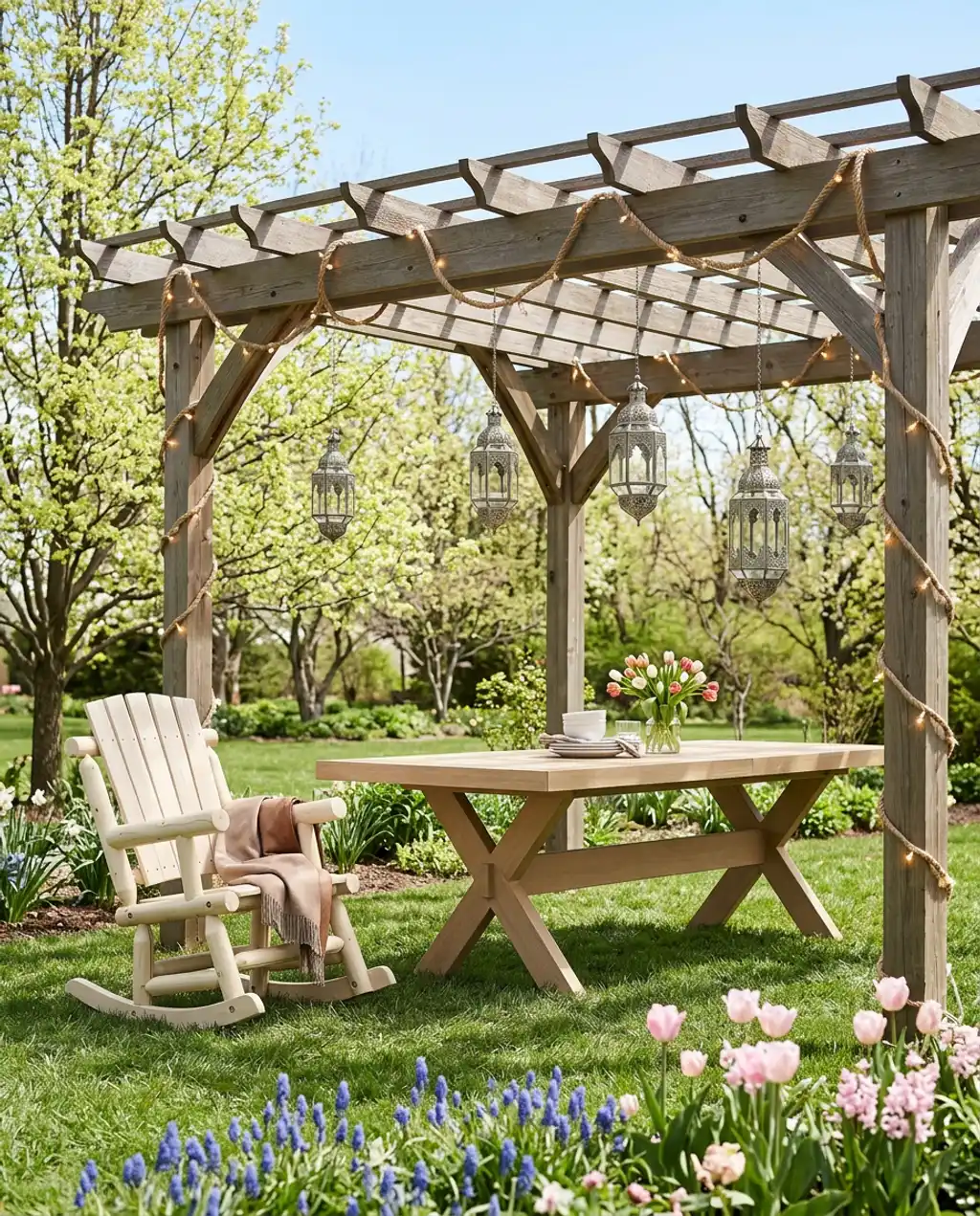 Rustic Fairy Lights Draped Over Pergola