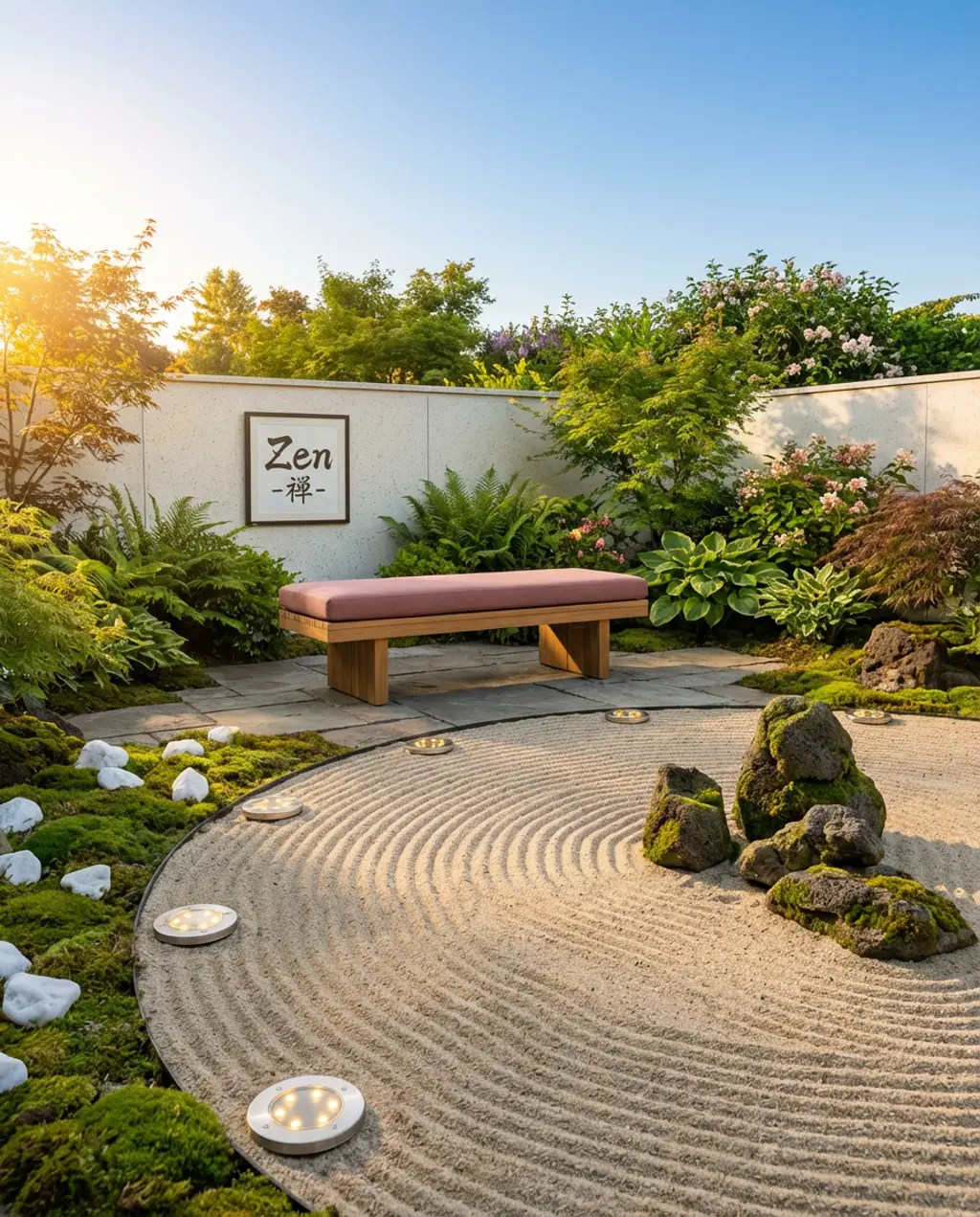 Zen Garden with Raked Sand and Stone Arrangements
