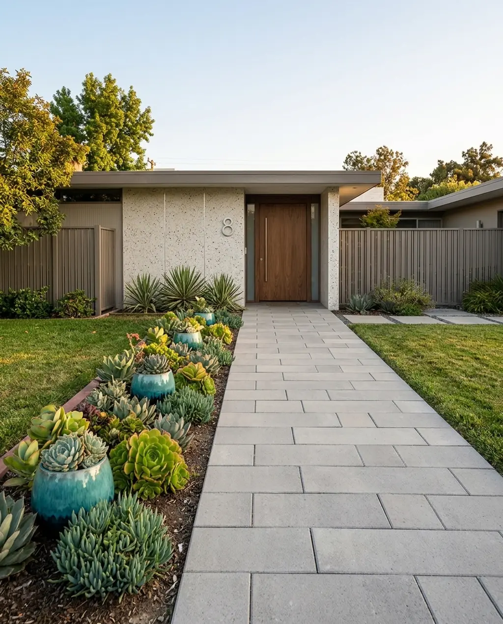 Mid-Century Modern Staggered Concrete Pavers with Succulents