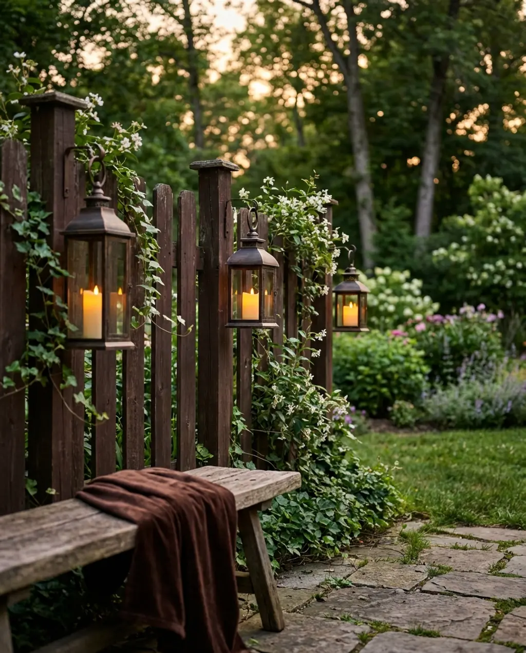 Rustic Wooden Fence with Vintage Lanterns & Greenery