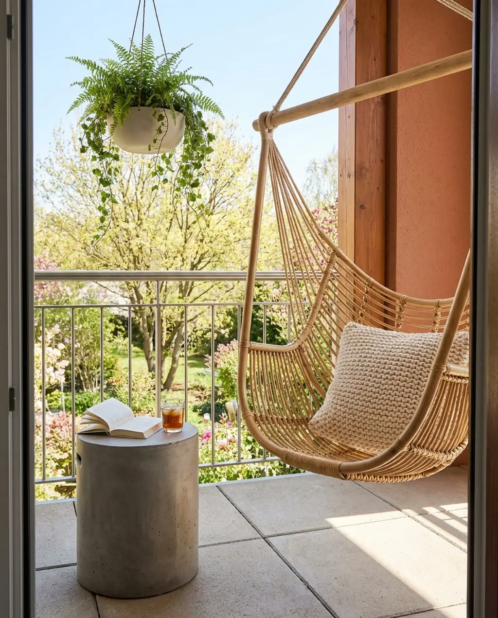 Cozy Balcony Reading Nook with Hammock Chair