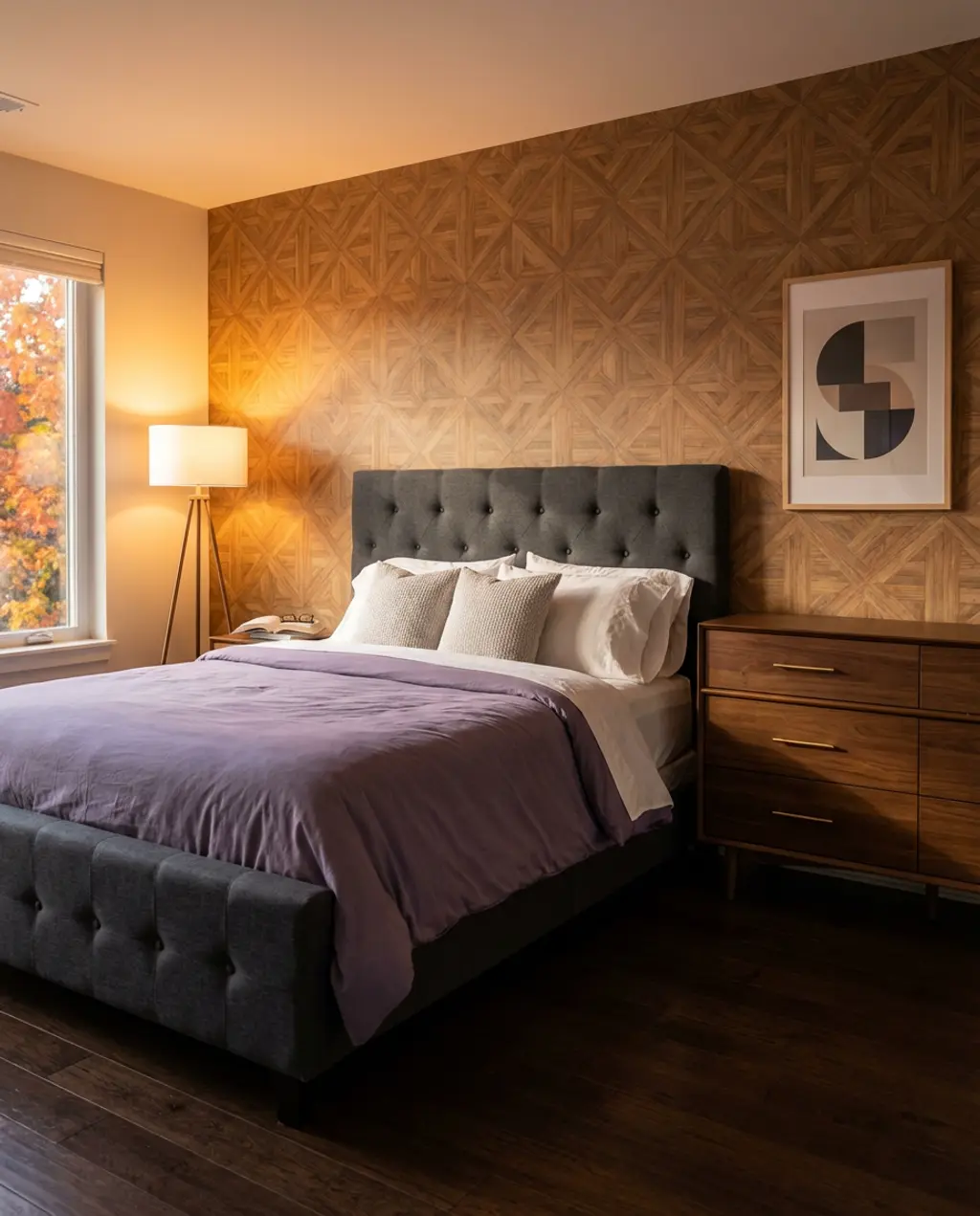Geometric Wood Inlay Wallpaper for a Modern Masculine Bedroom